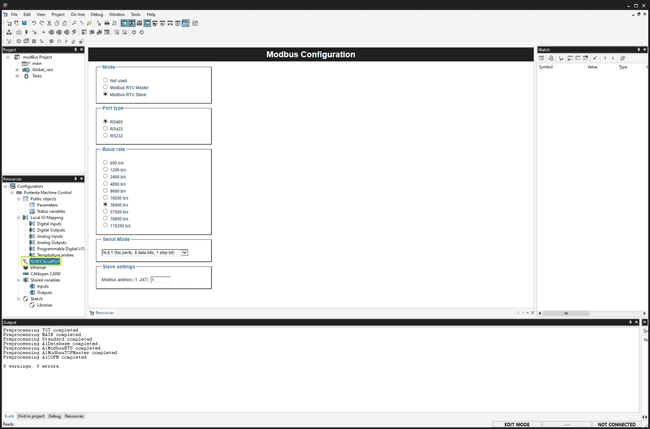 Arduino PLC IDE Resources panel, -> RS-485 settings